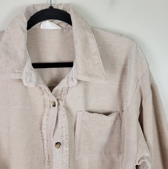New In Mixed Media Oversized Button Down Beige Shacket Shirt Jacket - Picture 6 of 10